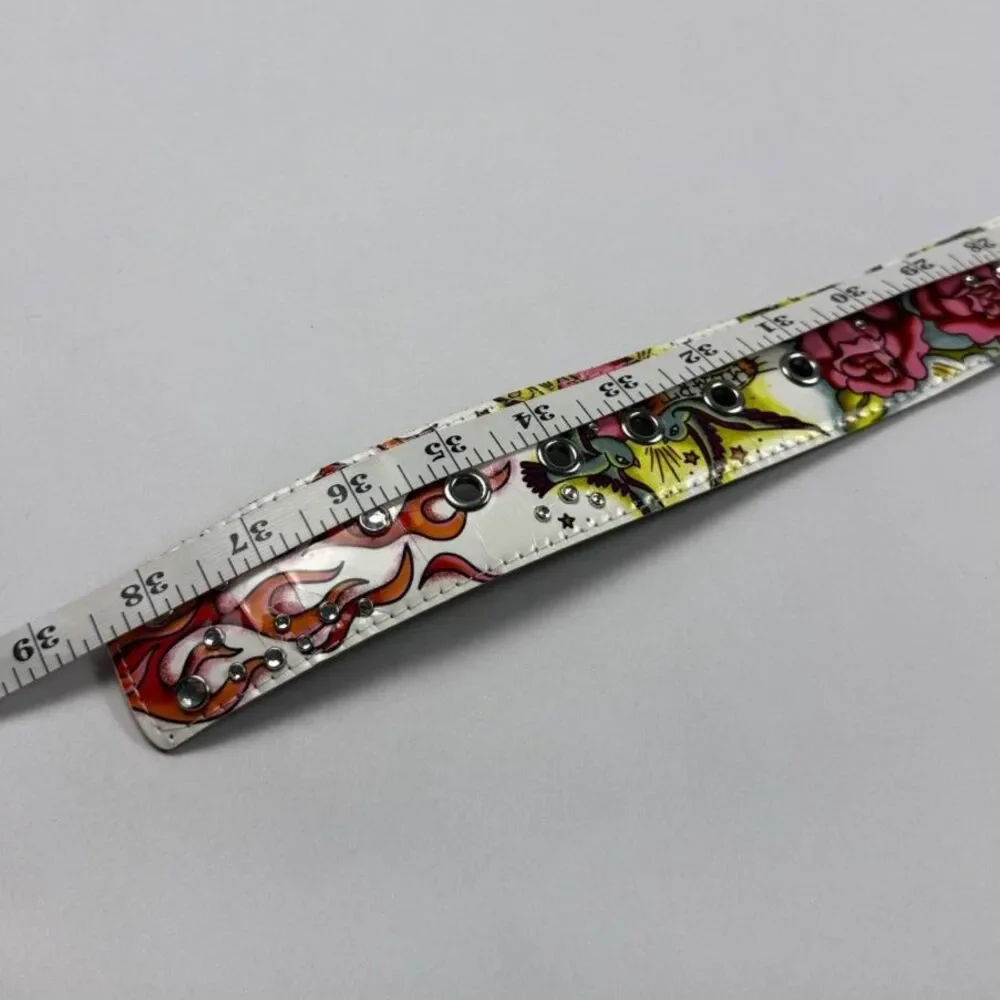 Ed Hardy Style Tattoo-Inspired Graphic Belt Colorful Rhinestone Accents 38.5